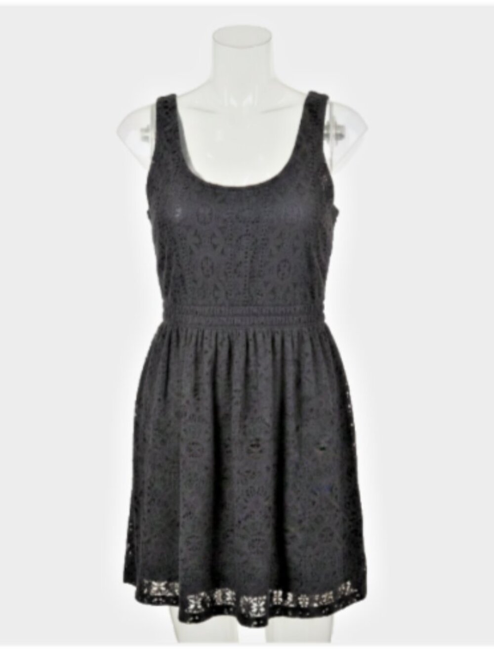 Womens Black Eyelet Lace Dress Large Sleeveless Fit & Flare Lined Party Cocktail